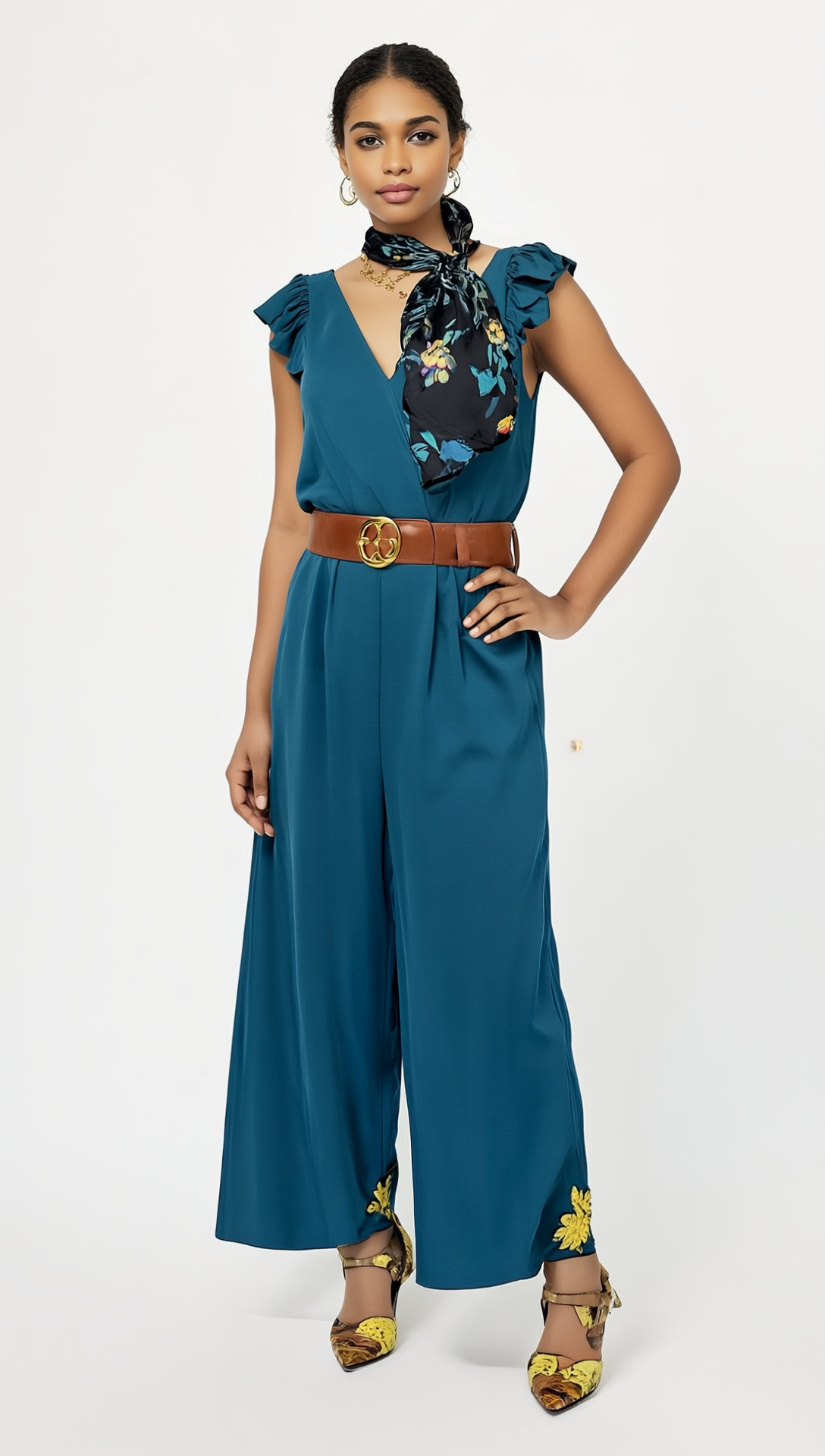 Teal jumpsuit and scarf outfit visualization
